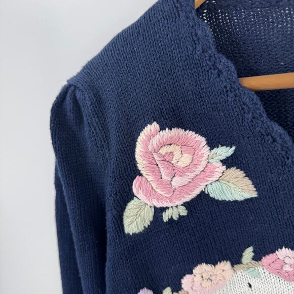 Vintage Floral Embroidered Cardigan Navy & Cream Deadstock Women’s L Cottage - Picture 7 of 9
